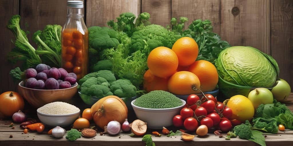 healthy food ingredients on a rustic table